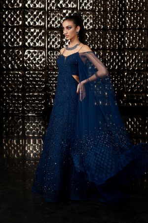 Navy blue reception dress store
